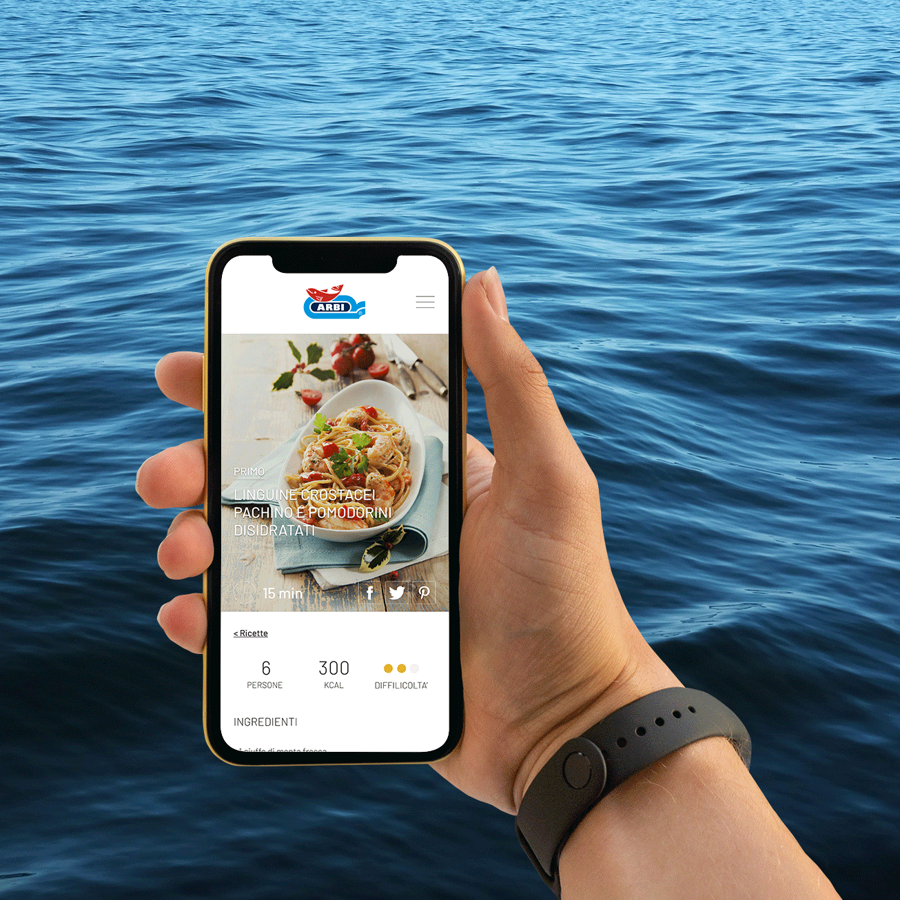 Davanti al mare, una mano regge uno smartphone che alterna diverse immagini del sito di Arbi.