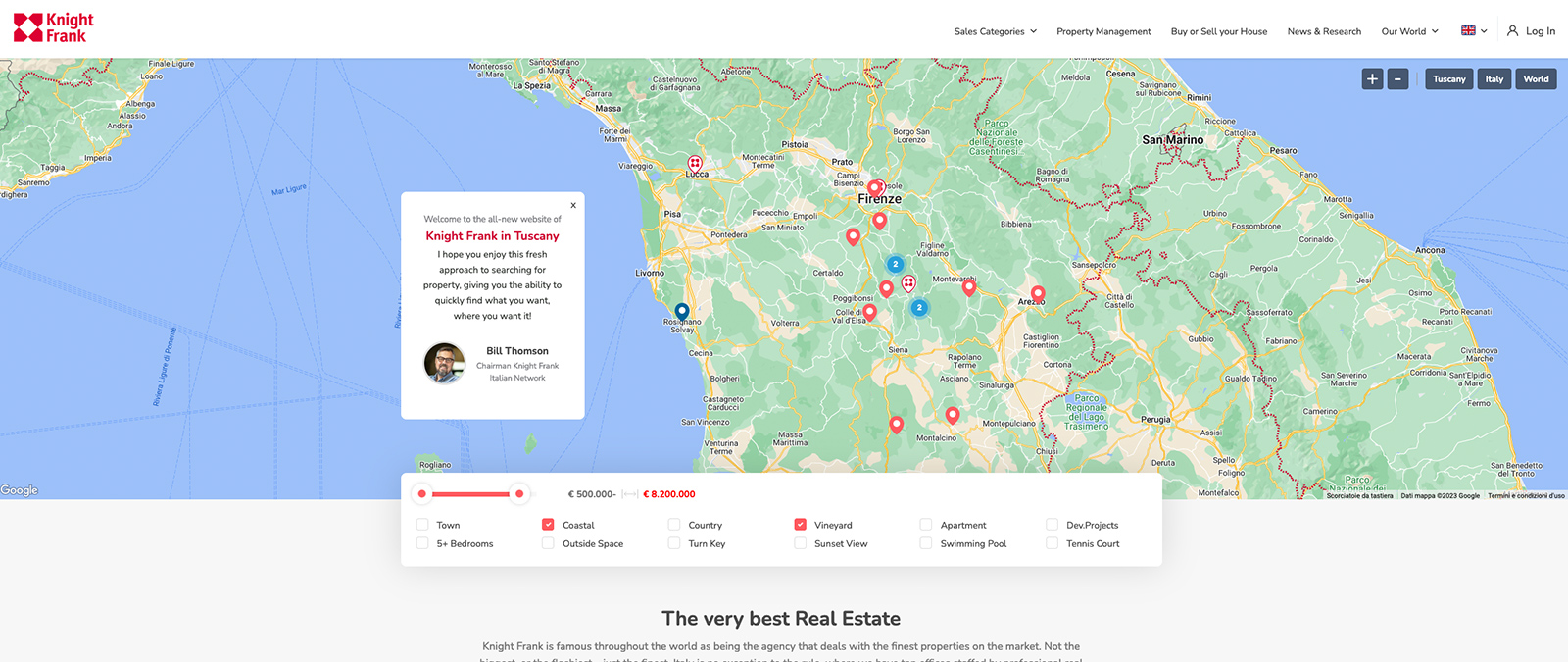Schermata della mappa contenente le ubicazioni degli immobili in vendita.